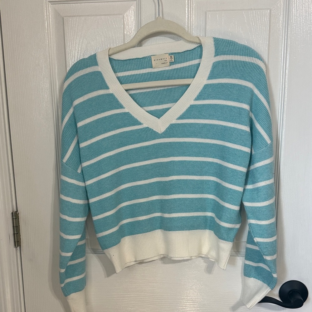 Dreamers Aqua & White Striped V-Neck Sweater